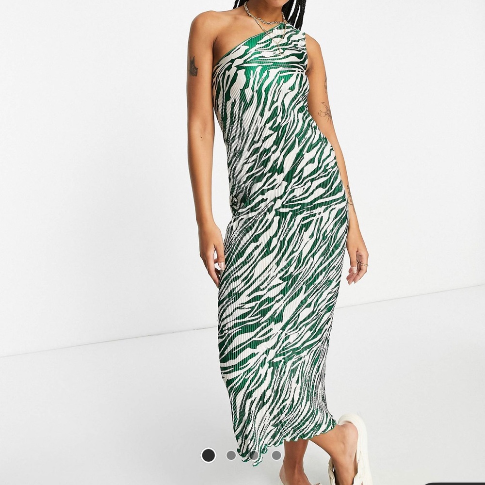 ASOS DESIGN Plisse One Shoulder Midi Dress in Green and Cream Zebra